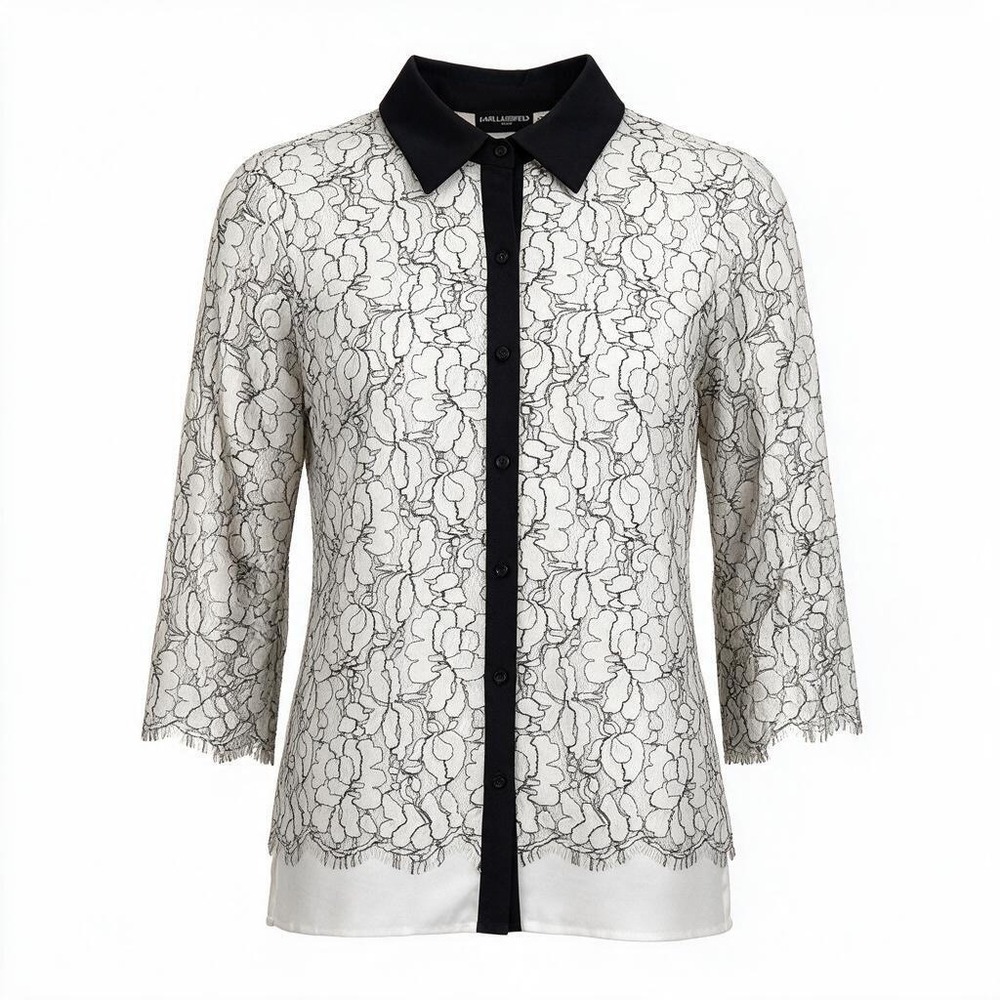 Karl Lagerfeld Paris Womens M Lace Blouse Black White Bell Sleeve Buttons #3010